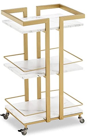 M MCombo Servierwagen mit Rollen, Küchenwagen Barwagen Metallgestel, Moderne Rollwagen Mehrzweckwagen mit 3 Ebenen, für Küche Bad Wohnzimmer Büro, 0033 (Weiß-Gold)