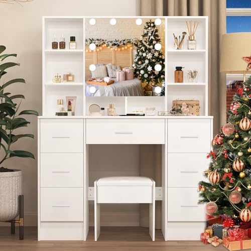 Guanglai Hollywood Dressing Table with Mirror and Lights, Makeup Vanity Table with 7 Storage Drawers, 3 Colors Adjustable Lighting Brightness, Vanity Desk with Cushioned Stool for Bedroom, White