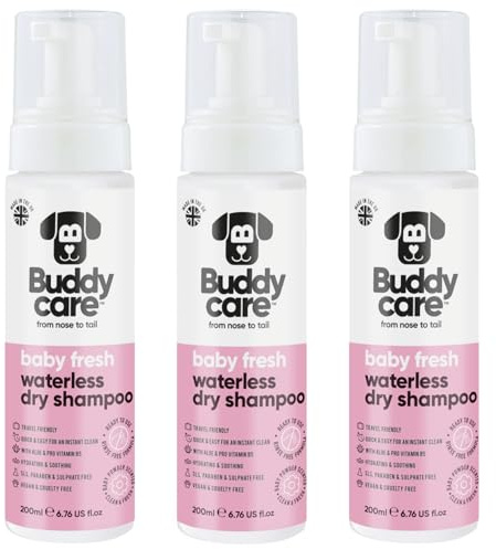 Buddycare Waterless Dry Shampoo for Dogs (200ml x3) | Baby Fresh Dog Shampoo Sensitive Skin | Natural, Easy-to-Use Dry Dog Conditioner for Fresh, Clean Fur - Ideal for All Breeds and Sizes