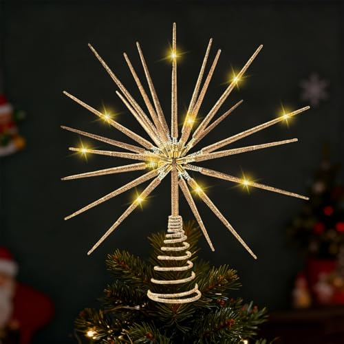 Weihnachtsbaumspitze mit 20 LED Christbaumspitze Stern Weihnachts Ornament Topper Stern Christbaumspitze für Indoor Weihnachten Baumschmuck(Gold)