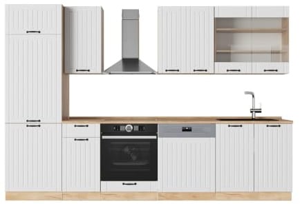 Vicco Küchenzeile Fame-Line, Weiß Landhaus, 300 cm | 8 Module · Höhenverstellbare Füße · Arbeitsplatte Eiche · MDF-Fronten · Softclose · Metallgriffe