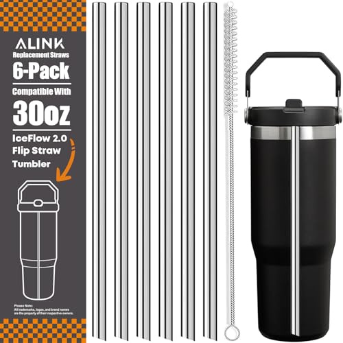 ALINK Stainless Steel Straws Compatible with StanleyIce Flow 2.0 Flip Straw Tumbler, 6 Pack Reusable Metal Straws for Ice Flow 30oz 2.0 Cup Lid Only, Plus Straw Brush