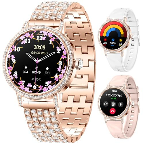 Mingdaln Smartwatch Damen mit Diamanten 1.27 HD, Fitness Tracker mit Bluetooth-Anruf (Gold)