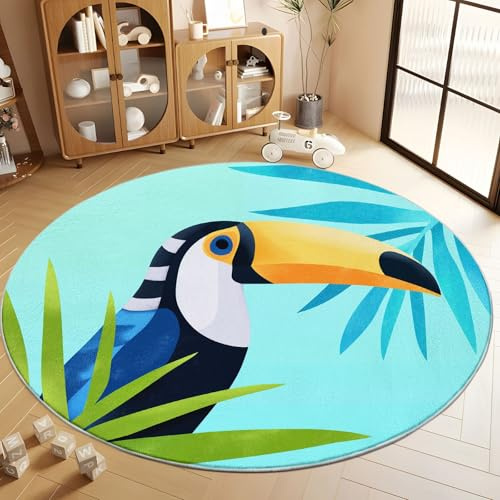 Weich Rund Flanell Teppich 80 cm, rutschfest Waschbar Türkis Runder Teppiche - Niedlich Tiere Tukan Bedruckter Teppich für Schlafzimmer Esszimmer Kinderzimmer