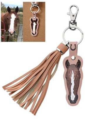 NICEDREAM Personalisierter süßer Pferdegesicht-Foto-Schlüsselanhänger aus PU-Leder für Rucksäcke Individueller Pferdegesicht- und Namensschlüsselanhänger mit Quaste Pferdegeschenk für Frauen, Männer