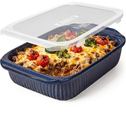 Artena Baking Dish 5.1 Quarts, Casserole Dishes For Oven, Baking Pan With Handles, Lasagna Pan Deep, Large Casserole Dish, Rectangular White Ceramic Bakeware, Blue (Baking Dish With Lids)