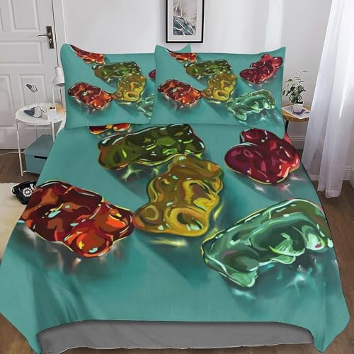 Bettwäsche Set Fruchtgummi Weiche Mikrofaser Bettwäsche 135x200 3D-Druck Bettbezug Für Jungen und Mädchen 3 Teiliger Bettbezüge mit Reißverschluss und 2 Kissenbezüge 80x80 cm B.1676