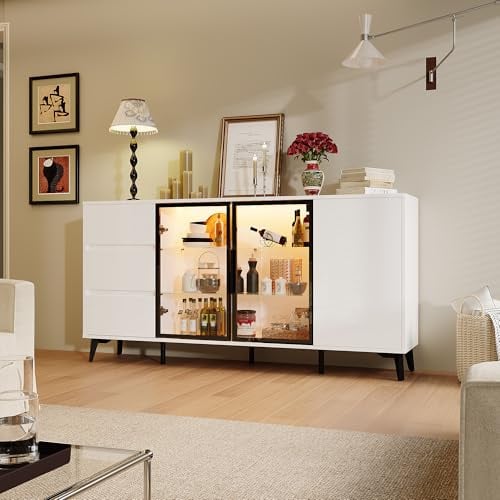 DEZAGCE Modern Sideboard 160cm with 3-Colour LED Lights, High Gloss Buffet Cabinet with 2 Glass Doors, 1 Wood Door & 3 Drawers, FSC-Certified Storage Display for Living Room, Dining Room, White