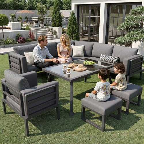 Rvjiahe Set di divani da giardino a forma di mezzaluna, per 8 persone/robusto telaio in ferro con imbottitura grigia/completo di tavolo in vetro, 1 poltrona e 2 sgabelli/mobili da terrazza resistenti
