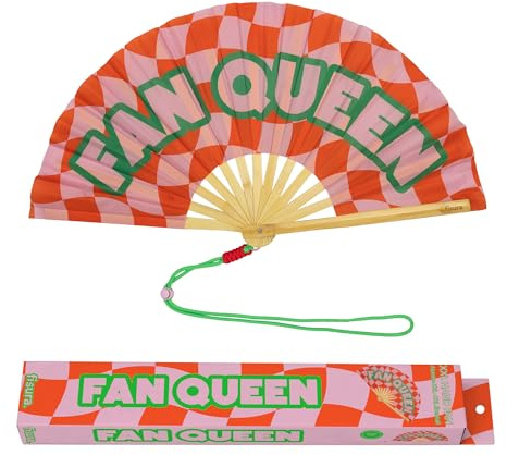 Fisura – Ventaglio XXL con Messaggio “Fan Queen”. Ventaglio Grande da Festival in Legno Moderno e colorato. Ventaglio a Mano Rosso e Rosa con Laccetto. Dimensioni: 64 x 33 cm.