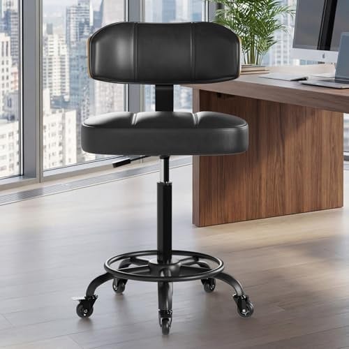 BERYTH Rollhocker HöHenverstellbar, Bürohocker Ergonomisch,Arbeitshocker, Drehhocker 360°,Mit Massivholz Rückenlehne Pu-Sitzpolsterung Für Spa Zeichnung Salon Arbeit Büro Bar Studio Labor Black