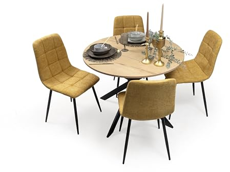 Homely® | Pack Comedor Moderno Core con Mesa Redonda 100 cm. Tapa Artisan y 4 Sillas Tapizadas Acolchadas Color Mostaza | Conjunto Mesa Comedor Estilo Nórdico Industrial | Cocina y Salón