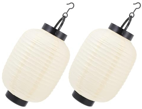 Faroles Colgantes Japoneses Plegables con Luz, 2 Piezas Beige | Papel y Metal, Funcionan con 2 Pilas Aaa No Incluidas, Decoración Exterior, Fiestas Japonesas, Ambiente Cálido
