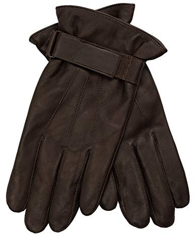 EEM Herren Lederhandschuhe, weiches italienisches Leder, Touchfunktion, Klettverschluss, Fleecefutter, dunkelbraun L