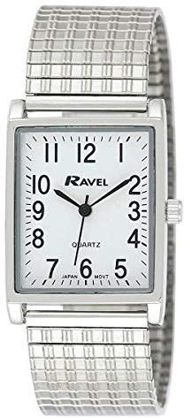Ravel Gents White Rectangle Dial Silvertone Expander Bracelet Strap Dress Watch R0220.02.1