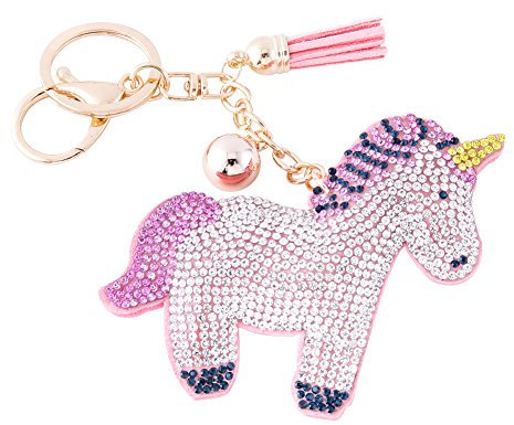 Soleebee Leder Süße Rosa Keychain Bling Kristallstrass Taschen Koffer Rucksäcke Zubehör Charm Auto Schlüsselanhänger Schlüsselring mit Quasten für Damen (Einhorn 4)