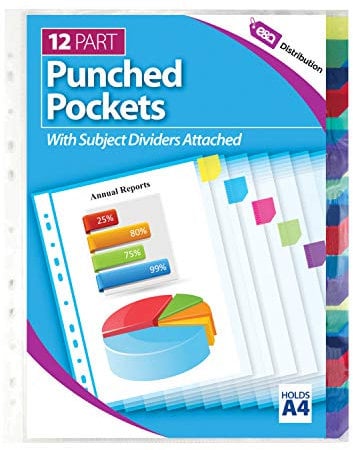A4 Clear Plastic Punched Pockets Filing Folders Wallets Sleeves Document Files (Punched Pockets with Subject Dividers Attached)