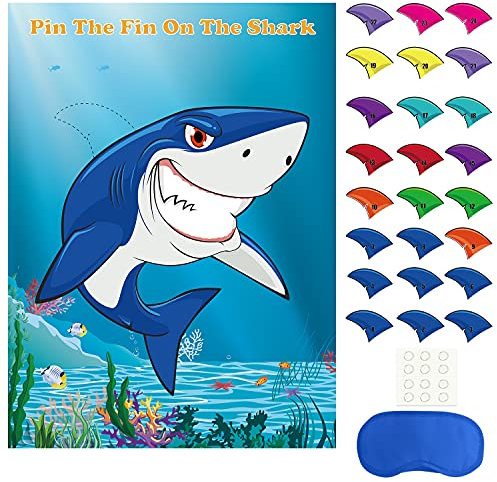 FEPITO Pin The Fin beim Shark Game mit 24 Stück Flossen für Hai Geburtstag Party Dekoration, Party Vorräte