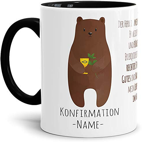 Tassendruck Geschenk-Tasse zur Konfirmation Bär mit Psalm 23 - Personalisierbar/Erwachsen/Kind/Feier/Innen & Henkel Schwarz