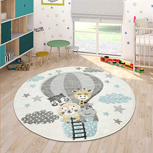 Paco Home Teppich Kinderzimmer Junge Mädchen Kinderteppich Spielteppich Kurzflor Regenbogen Bauernhof Einhorn Schmetterling Hase, Grösse:Ø 120 cm Rund