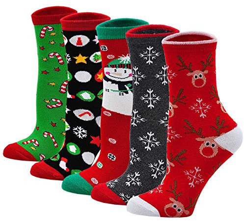 LOFIR Bunte Lustige Socken Damen Weihnachtssocken Tiermuster Strümpfe aus Baumwolle Mädchen Socken Weihnachten Geschenk für Frauen, Größe 35-41, 5 Paare