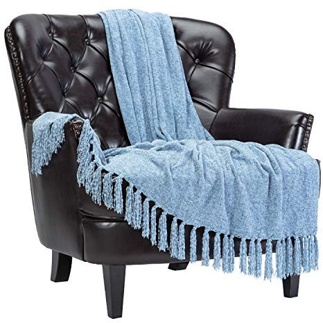 Chanasya Chenille Fringe Throw Blanket - Velvet Soft Throw Blanket with Shimmer and Tassels - 50 x 65” - Cerulean