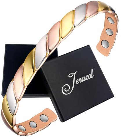 Jeracol Magnetisches Armband für Damen, aus reinem Kupfer, zur Schmerzlinderung, Goldgewebtes Muster, Magnettherapie-Armband mit 6 leistungsstarken Magneten, verstellbare Manschette, Gesundheitswesen