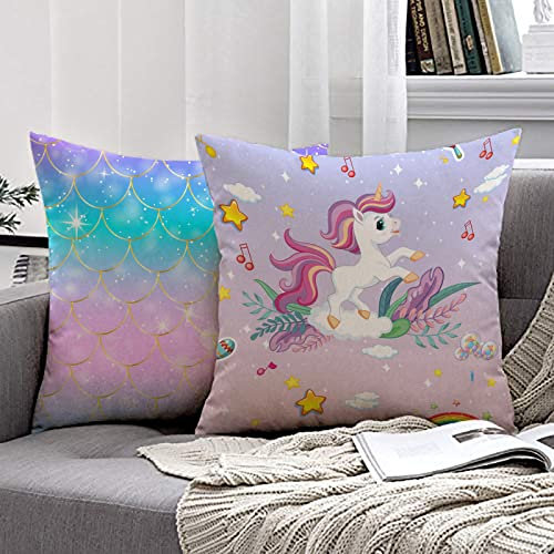 MUSOLEI Einhorn Kissenbezug 45X45cm 2er Kissenhülle Kinder Kissenbezug Meerjungfrau Deko Samt Plüsch SofaKissenbezug mit Reißverschluss Kissenbezüge Mädchen