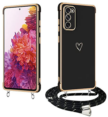 E-Lush Handyhülle für Samsung Galaxy S20 FE Hülle mit Band, Herz Love Muster Galvanik Silikon Handy Hülle für Samsung S20 FE Schutzhülle mit Kordel zum Umhängen Kameraschutz Stoßfeste Case, Schwarz