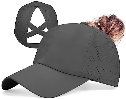 Damen Criss Cross Pferdeschwanz Baseball Kappe Verstellbar Hoch Unordentlich Bun Ponycap Schnell Trocknende Mesh Trucker Hat, 1 Packung dunkelgrau., Einheitsgröße