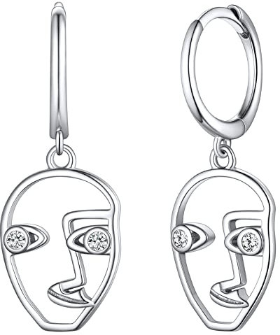 FOCALOOK Menschliches Gesicht Ohrringe mit Zirkonia Stein 925 Sterling Silber Hängend Creolen Abstrakte Kreolen Elegante Geometrische Ohrringe Schick Ohrschmuck für Frauen Mädchen