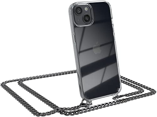 EAZY CASE Handykette kompatibel mit iPhone 13 Handyhülle mit Metall Umhängeband und Ersatz Kordel schwarz, Handykordel mit Schutzhülle, Stylische Kette, Metall - Anthrazit