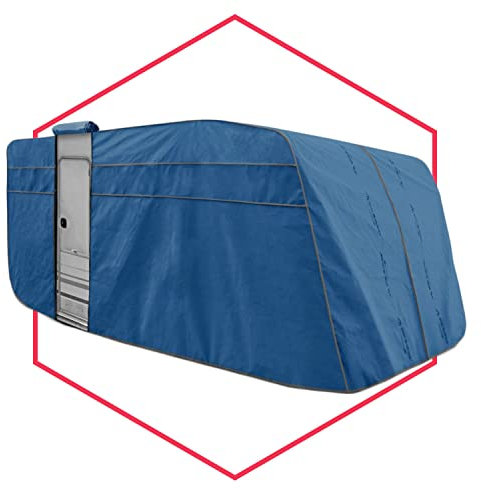 Wohnwagen Shutzhülle Abdeckplane Wasserfest & Extrastark Atmungsaktive Wohnwagenplane gegen Regen Schnee Wind UV-Strahlung Laub und Anderen Schmutz Wohnwagengarage Blau 500 x 218 x 208