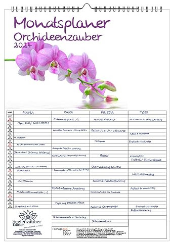Orchideenzauber Wandplaner Familienplaner 4 Spaltenplaner A3 Kalender für 2024 Orchideen und Blüten - Seelenzauber