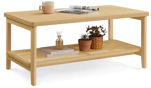 VASAGLE Couchtisch 2 Ebenen, Wohnzimmertisch mit Stauraum, Tisch Wohnzimmer, Sofatisch mit Ablage aus PVC-Rattan, abgerundete Ecken, Boho-Stil, eichenbeige LCT240Y57