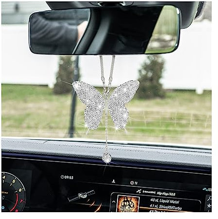 JNNJ Bling Schmetterling Diamant Anhänger für Rückspiegel, Kristall Auto Innenspiegel Hängend Charms, Ornamente Dekoration Anhänger Strass Zubehör für Auto(Weiß)