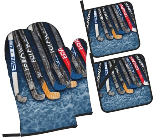 4 Stück Ofenhandschuhe und Topflappen, Eishockeyschläger, Küche, Ofenhandschuh, rutschfest, hitzebeständig, 500 Grad lang, Ofenhandschuhe und Topflappen zum Kochen, Backen, Grillen, Grillen