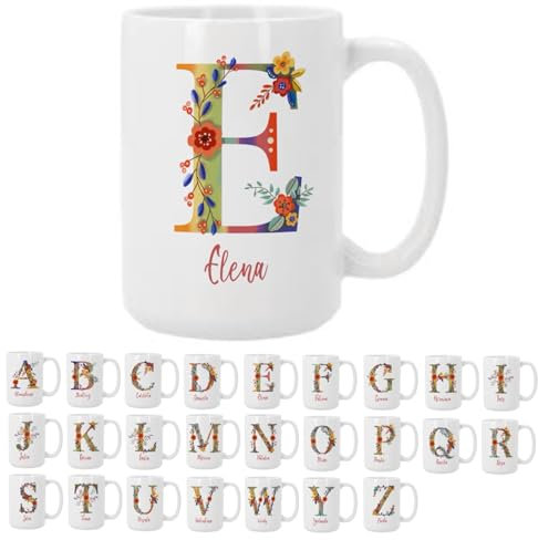 Bee Ingenious Tazas personalizadas con nombre e inicial: Tazas de cafe A-Z de ceramica Tazas de desayuno con letra Taza XL 443ml Tazas originales para regalar Tazas de te A-Z (E)