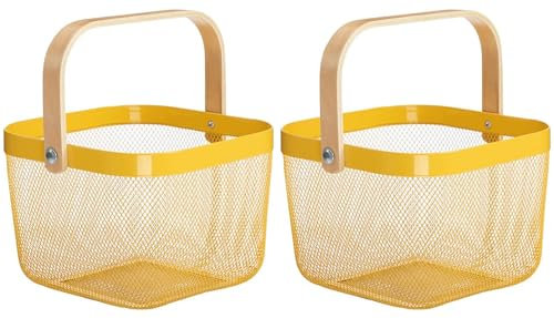 Sarmini 2er-Set Picknickkorb Obstkorb für Küche Theke Aufbewahrungskorb Erntekorb mit Griff Gartenkorb zum Ernten von Gemüsekorb Rechteck Metall Mesh Korb für Organisation (Gelb, Quadrat)