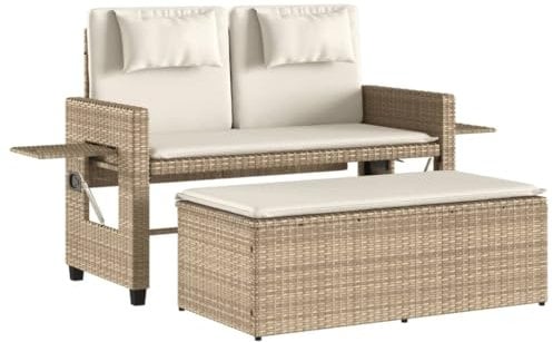 vidaXL Gartenbank, Bank mit Verstellbarer Rückenlehne, Gartengarnitur mit Kissen, Terrassenbank Gartensofa Gartenmöbel, Beige Poly Rattan