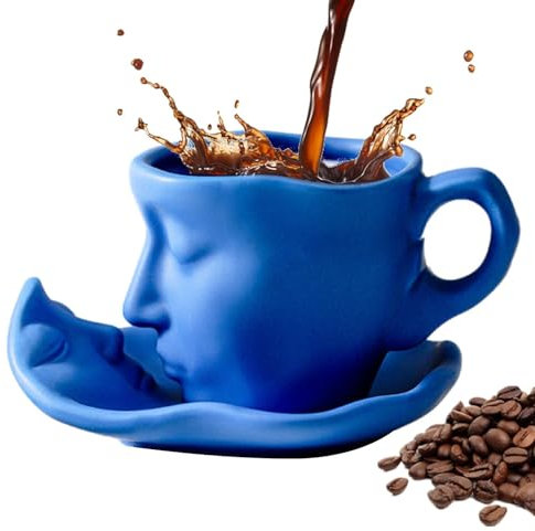 Kiss Coffee Cup with Saucer and Spoon, Unique Man Face Cup, Tea Cup and Saucer Set, Kissing Mug Set, Ceramic Cups with Saucer, 100 ml