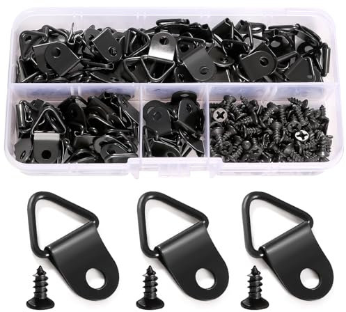 YIXISI 100 Pezzi Ganci Cornici Quadri, Triangolo Anello Gancio, D Anelli Cornice per Foto, Ganci Appendi Quadri, con 100 Pezzi Viti, per Foto Pitture, Decorazione Della Casa, Nero
