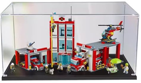 Acryl-Vitrine für LEGO 60110 Feuerwehrstation, transparente Vitrine, selbstmontierende, staubdichte Sammlerstück-Vitrine (64,8 x 40,9 x 34,8 cm) (nur Displaybox) (3 mm)