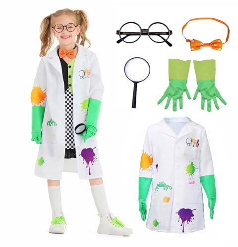 Wbesty costume de scientifique fou avec montures de lunettes, nœud papillon, gants, lunettes loupe, blouse de laboratoire, 5 pièces, pour Halloween