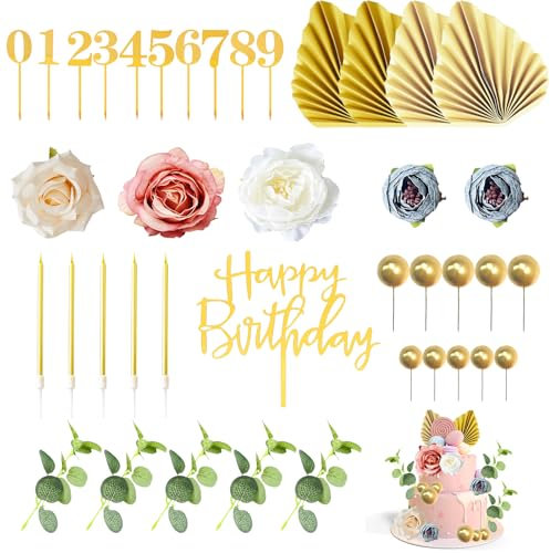 GOTRUST 40pcs Boho Tortendeko Dekoration, Blumen Boho Kuchen Deko, Tortenaufsatz Goldene Kugeln, Kuchendekoration Böhmischer für DIY Geburtstag Hochzeit Babyparty Mädchen