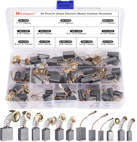 Celepoir 50Pcs Electric Motor Carbon Brushes, Carbon Brushes for Power Tools 12Sizes 125#/6#/411#/303#/153#/103#/6-100#/100#/51#/44#/43#/21#, Carbon Brushe by Size for Repair Mitre Saw, Angle Grinder
