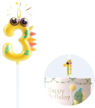 EAKE 3 Geburtstagskerzen, gelber Dinosaurier, Zahl 3, für Babys, Kinder, Partyzubehör, Feier-Dekoration