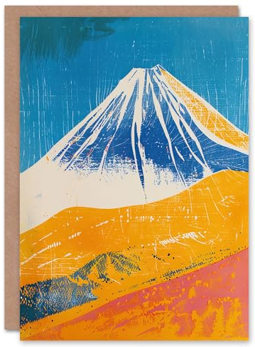 Artery8 Greeting Card Mount Fuji Japan Orange Blue Volcano Blank For Him Or Her Art Birthday Card