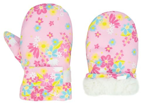 FORUHOO Kinder Handschuhe Wasserdicht mit Fleece Fäustlinge für Unisex Baby Winter(Kurz: Rosa Blüten,1)