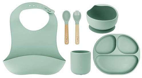 Set de vaisselle pour enfants avec couverts MoMi AMI, set de 6 pièces: bavoir, cuillère, fourchette, assiette, bol 360 ml, gobelet 180 ml, fait en silicone, passe au lave-vaisselle et au micro-ondes